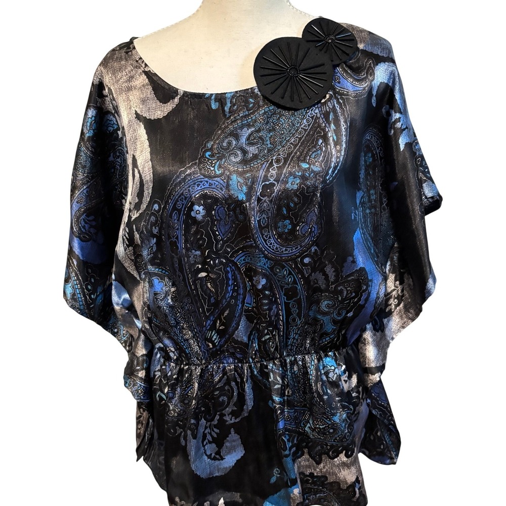 BCC Boho Women's Black Blue Paisley Print Blouse Top